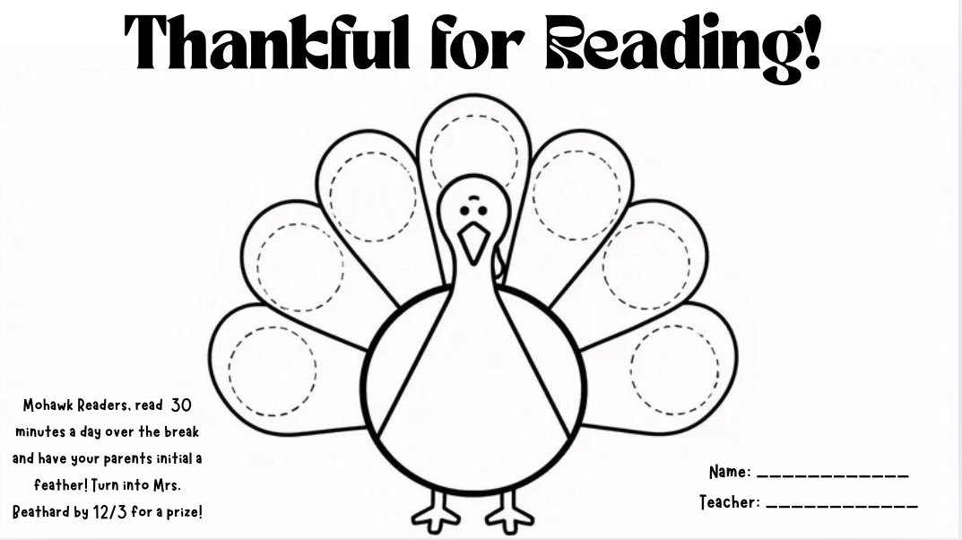 MohawkReads's tweet image. Happy almost Thanksgiving break! 🦃📚 Cozy up with a good book and keep working toward your Mohawk Reading Incentive next week! #mohawkreads #librariesinrisd #risddreambig