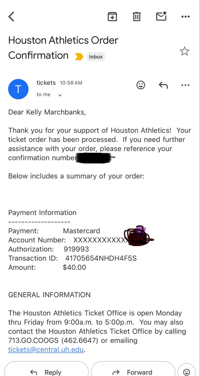 I can buy a few more of these if you really don’t have the $ and want to go! Thanks to the folks who have reached out and received tickets-I hope y’all enjoy!

Also-thank you to Gaby in the UH ticket office for helping me get tickets with first class service!

Go Coogs!
#GoCoogs