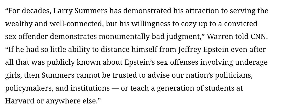 mj_lee's tweet image. Warren, a former Harvard Law School professor, says this is not just about Harvard. She says no policymaker, institution, etc., should  be getting advice from Summers  given his &quot;monumentally bad judgment&quot; of cozying up to a convicted sex offender.
cnn.com/2025/11/17/pol…