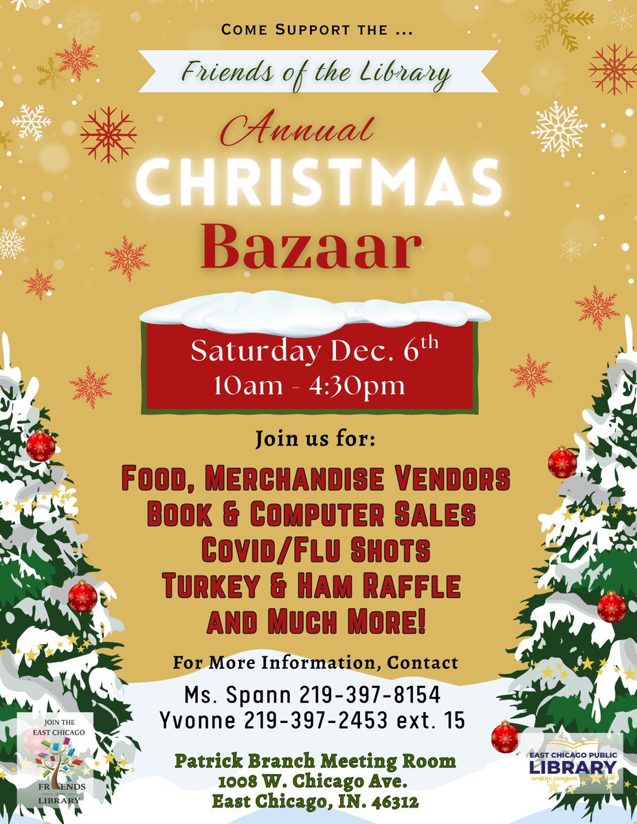 ECPublicLibrary's tweet image. 📷📷 Annual Christmas Bazaar! 📷📷

Join the Friends of the Library for their Annual Christmas Bazaar on Saturday, December 6th from 10:00 AM – 4:30 PM!

Come shop holiday treasures, support your library, and kick off the season with festive fun. 📷

We hope to see you there! 📷