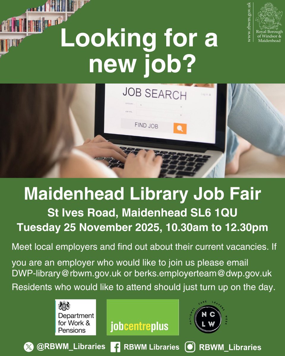 Looking for a new job?

Come along to the next Maidenhead Library Job Fair on Tuesday 25 November to connect with local employers from different industries and find out about their current vacancies.

Bring your CV and be ready to land your dream job!

#JobFair #RBWM