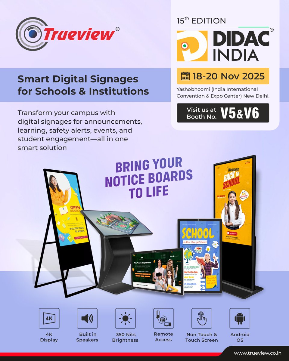 Trueview_India's tweet image. Turn every corner of your campus into a smart communication hub.
 From announcements and learning resources to safety alerts and events, our digital signages transform how schools connect, engage, and inform.

Visit us at DIDAC INDIA 2025, 18–20 Nov, Booth V5 &amp;amp; V6.
#SmartSignage