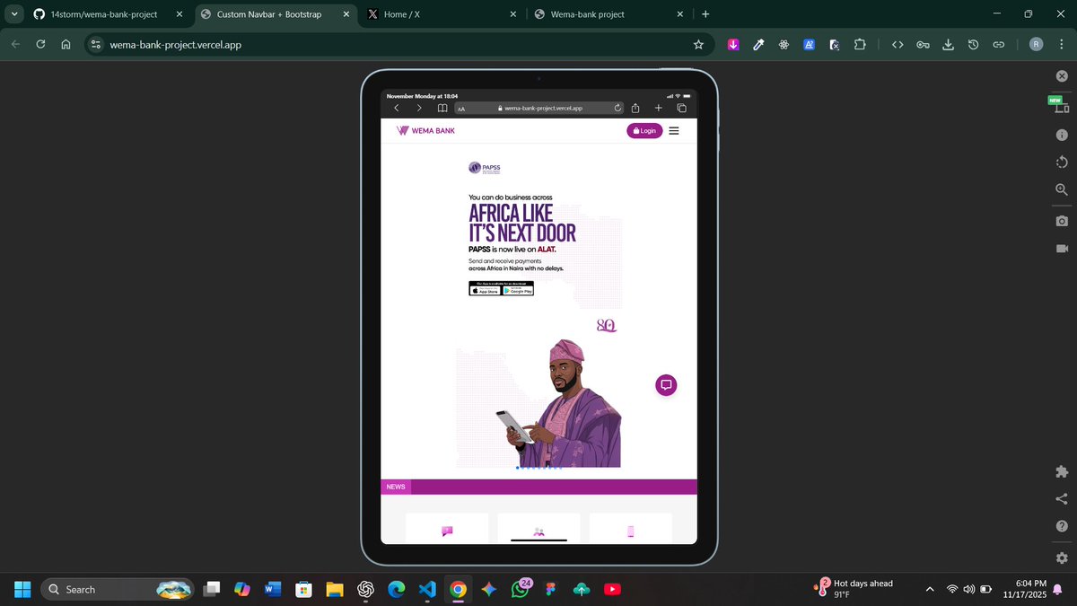 RehobothSa52292's tweet image. I just recreated the Wema Bank website as a frontend practice project. Check it out here: wema-bank-project.vercel.app

Feedback is welcome!
#WebDevelopment #100daysofcodingchallenge