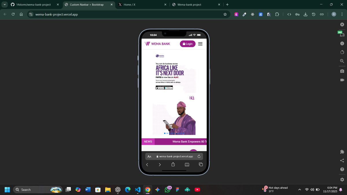 RehobothSa52292's tweet image. I just recreated the Wema Bank website as a frontend practice project. Check it out here: wema-bank-project.vercel.app

Feedback is welcome!
#WebDevelopment #100daysofcodingchallenge