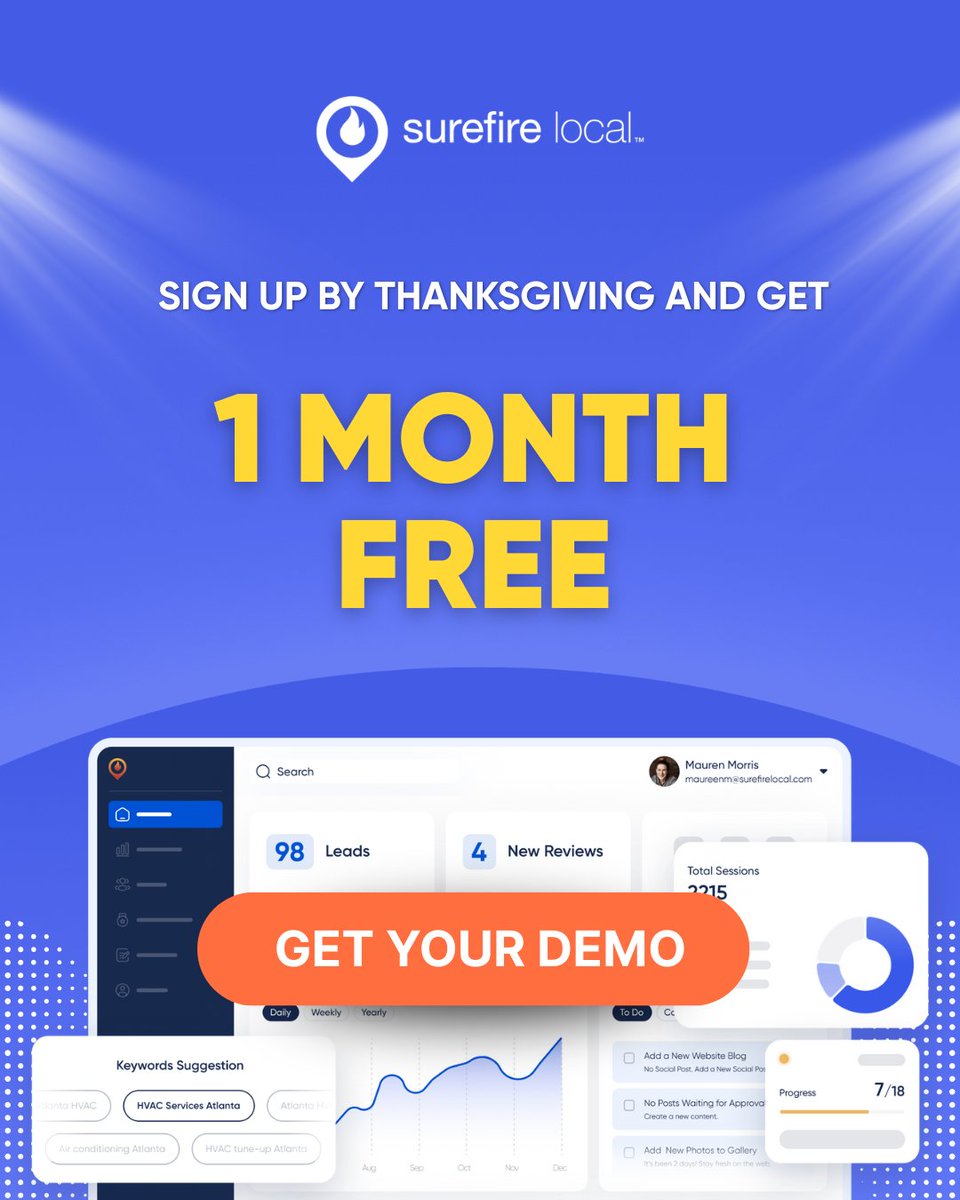 SurefireLocal's tweet image. Holiday season = chaos. Customers calling, crews running, schedules changing. Marketing usually slips.

We’ve got you.

Sign up for Surefire Local by Thanksgiving &amp;amp; get 1 month FREE.

Stay visible without the extra effort.
info.surefirelocal.com/lp/demo-thxgiv…