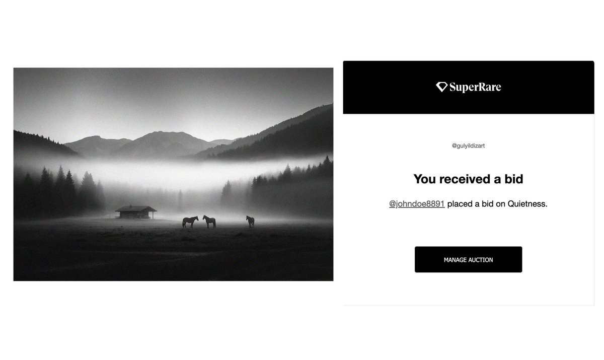 AUCTION 🔥

What a nice surprise and so fast. 
Thank you dear <a href="/Johndoe8891/">Johndoe8891.eth</a> for the bid. 
You are so kind 🩶

superrare.com/gulyildizart