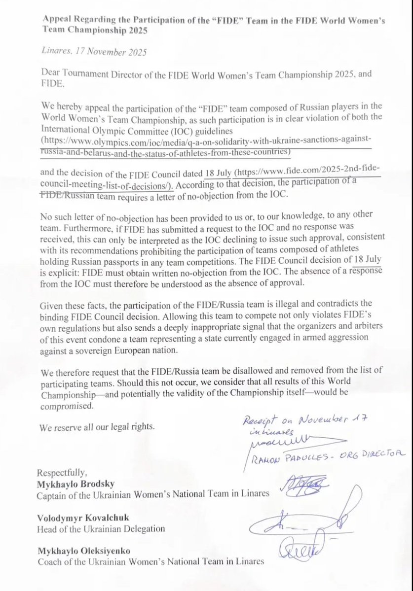 PHChess's tweet image. The Ukrainian 🇺🇦 chess Federation has files a protest during the technical meeting at the Womens World Team Championship, asking for the Russian 🇷🇺 team to be kicked out :