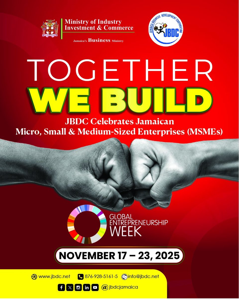 JBDCJamaica's tweet image. The Jamaica Business Development Corporation (JBDC) is proud to join the global community in celebrating Global Entrepreneurship Week (GEW) 2025 under the theme, ‘Together We Build’. 
#GEW2025 #GlobalEntrepreneurshipWeek #JBDC #JamaicaBusinessDevelopment #JamaicanEntrepreneurs