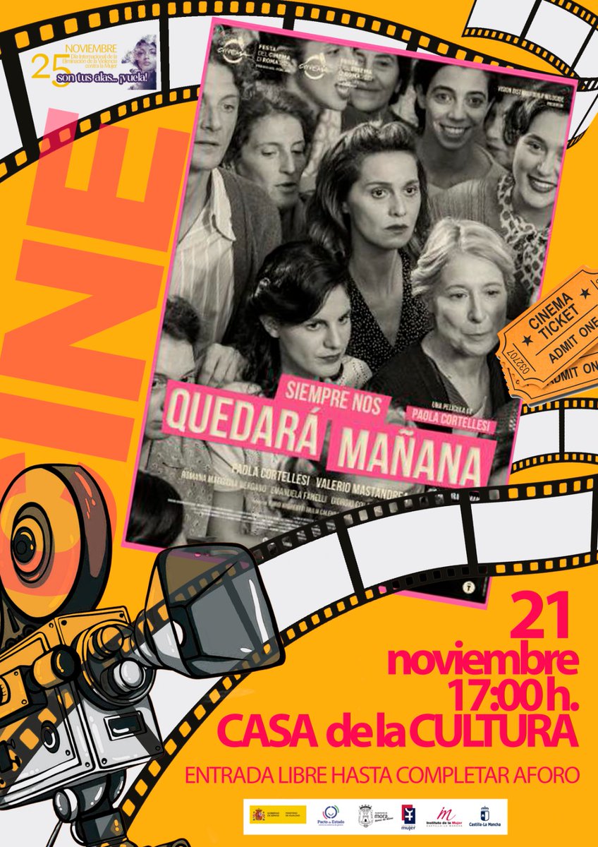 cmujermora's tweet photo. CINE: "SIEMPRE NOS QUEDARÁ MAÑANA " de Paola Cortellesi. Viernes, 21 de nov., a las 17'00 h en la Casa de la Cultura de Mora. Comedia dramática, ambientada en la Roma de posguerra. Todo un himno a la lucha por la libertad ♀️
#25N #sontusalasvuela #ContraLaViolenciaDeGenero https://t.co/UHjfjN0cbB