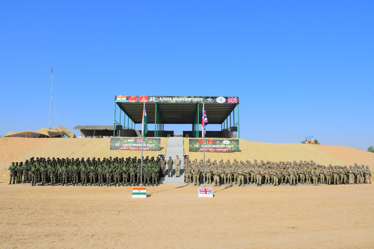 adgpi's tweet image. Exercise #AJEYAWARRIOR 2025 🇮🇳 🤝 🇬🇧 

The opening ceremony of the 8th edition of the biennial joint military Exercise AJEYA WARRIOR between the #IndianArmy and the #BritishArmy was held at the Mahajan Field Firing Ranges, Rajasthan. The exercise is scheduled from 17 to 30…
