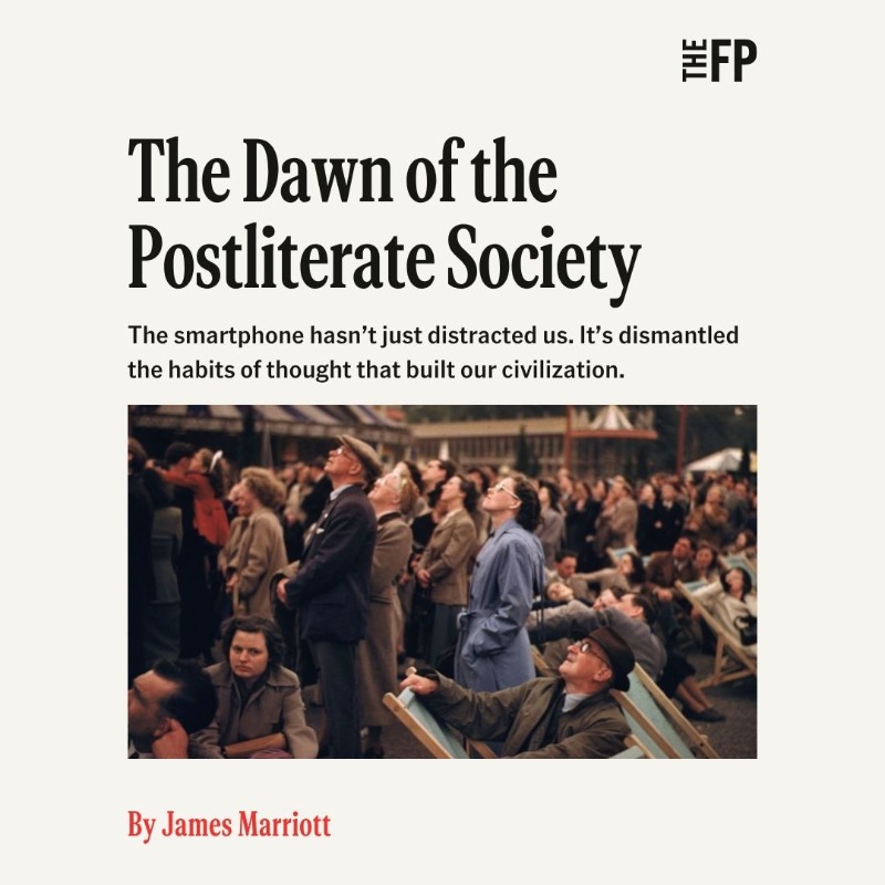 TheFP's tweet photo. "If the reading revolution represented the greatest transfer of knowledge to ordinary men and women in history, the screen revolution represents the greatest theft of knowledge from ordinary people in history."