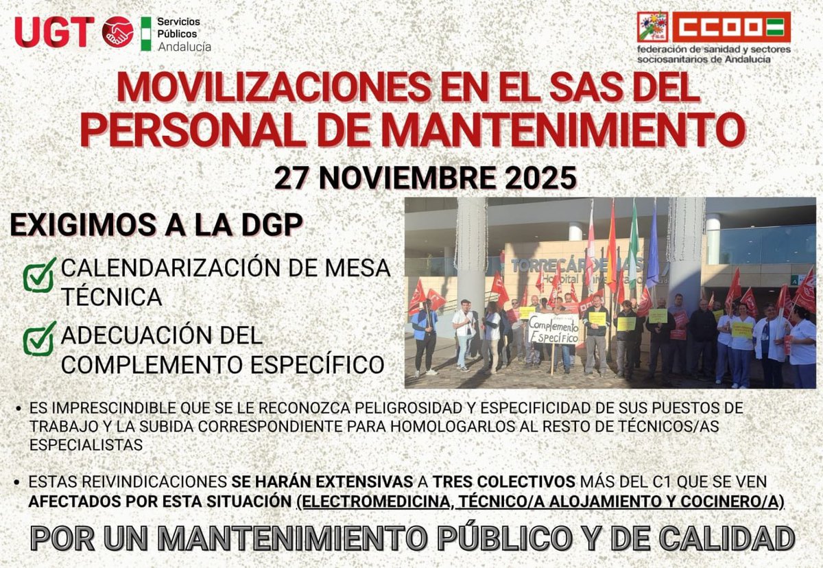 🗓 El 27 de noviembre nos movilizamos 

👉 junto al personal de Mantenimiento del SAS y con los profesionales afectados por el complemento específico

💪 ¡Súmate!