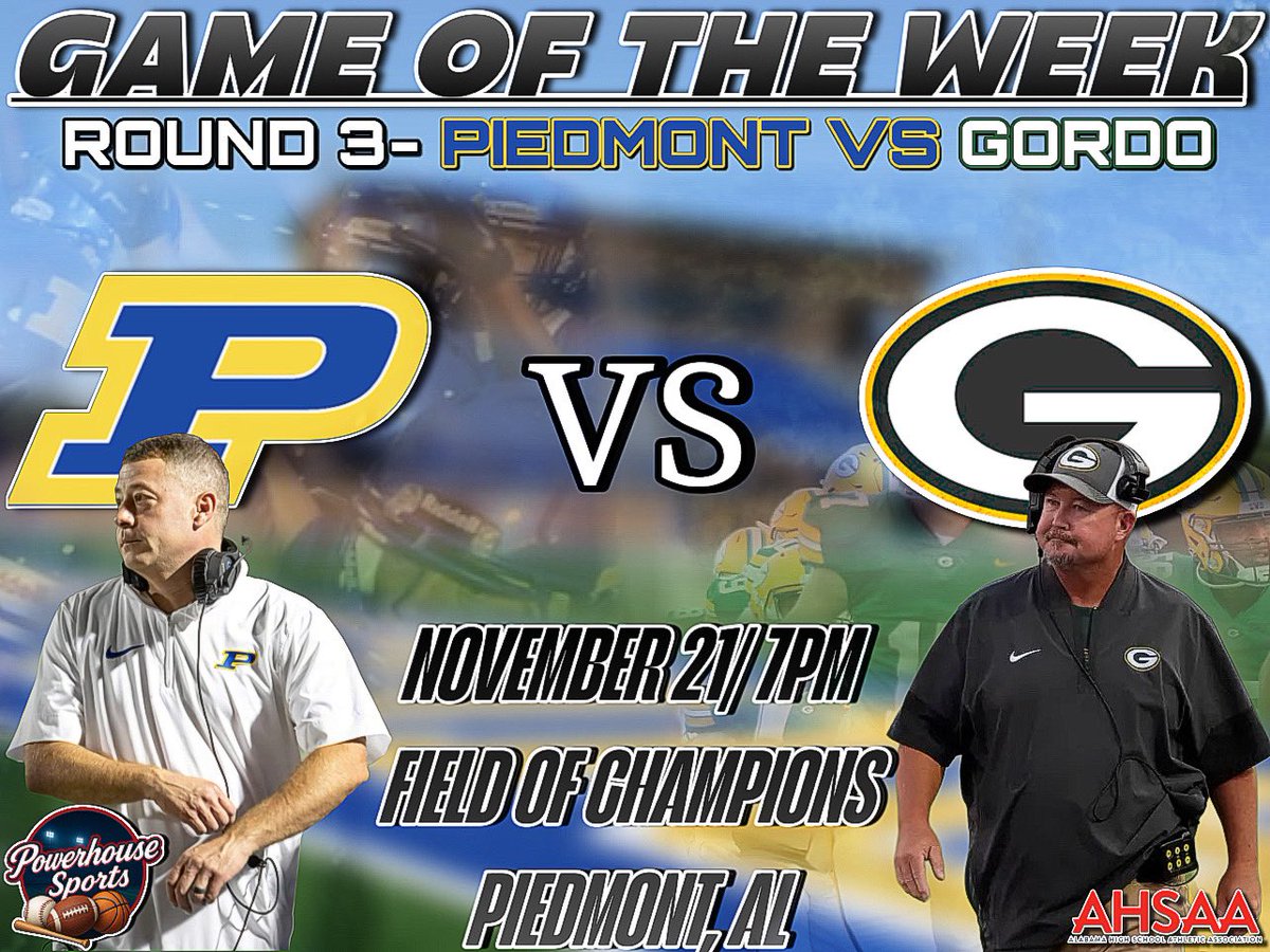 PowerHSports's tweet photo. 🚨ROUND 3 — THE FANS HAVE SPOKEN!!🚨
For just the second time EVER, we are headed to The Field of Champions in Piedmont, AL for our Game of the Week!!

Piedmont will host the Gordo Greenwaves in a massive 3A Quarterfinal showdown!

This Piedmont defense has been ELITE all year — posting 5 shutouts and allowing just 9 points per game! Led by standouts Carson Sanders and Ben Dempsey, the Bulldogs are looking to EAT Friday night.

On offense, Piedmont is powered by breakout QB Cole Austin, who has exploded onto the scene this season, and star receiver Rollie Pinto, arguably one of the best wideouts in the entire state. This high-octane attack is averaging 49 points per game and doesn’t appear to be slowing down anytime soon.

Gordo rolls in averaging nearly 40 points per game while giving up about 18. First-year head coach Chris Chambless may be new to the Greenwaves, but he’s no stranger to big games — bringing 7 Mississippi state titles worth of championship pedigree into this postseason run.

Expect a physical, heavyweight battle Friday night in Piedmont!!
You already know the deal…

BEAT. US. THERE.😤🔥@PiedmontHS @DownSouthFb1 @AverageJoesSpo1 @TalkoftheTownFB @SouthernCharmSp @PHSBulldogRadio @RolliePinto