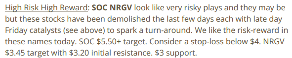 $SOC hasn’t worked out, but $NRGV is doing exactly what we predicted in the morning note. 

Broke through the $3.20 first target and now less than 15 cents from $3.45.