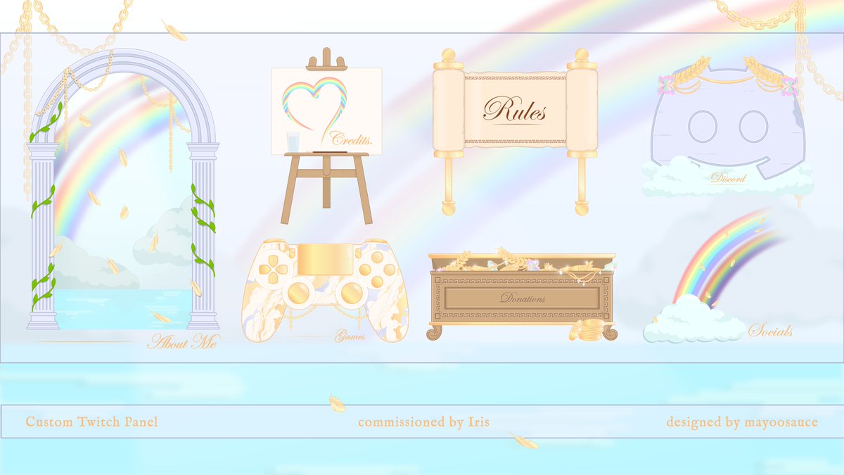 mayoosauce's tweet photo. [ twitch panel ]
for @IrisGamesVT_ 🌈

goddess and rainbows themed panels🪽 thank you so much for working with me ( ⸝⸝´꒳`⸝⸝)🩵

♡ + ↻ are appreciated (˶ᵔ ᵕ ᵔ˶)   
#VGenComm #specsiris https://t.co/9MTPRlh8Lb