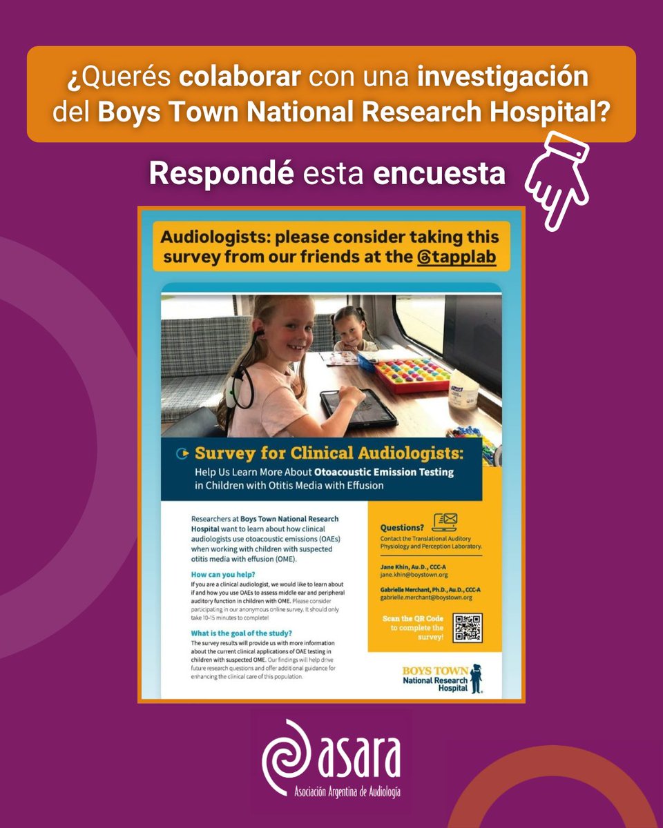 👉 ¿Querés colaborar con una investigación del Boys Town National Research Hospital?  

🔎 El objetivo: conocer cómo los audiólogos utilizan las emisiones otoacústicas (EOAs) cuando trabajan con niños con sospecha de otitis media con efusión (OME)

🤳study.boystown.org/surveys/?s=NJ4…