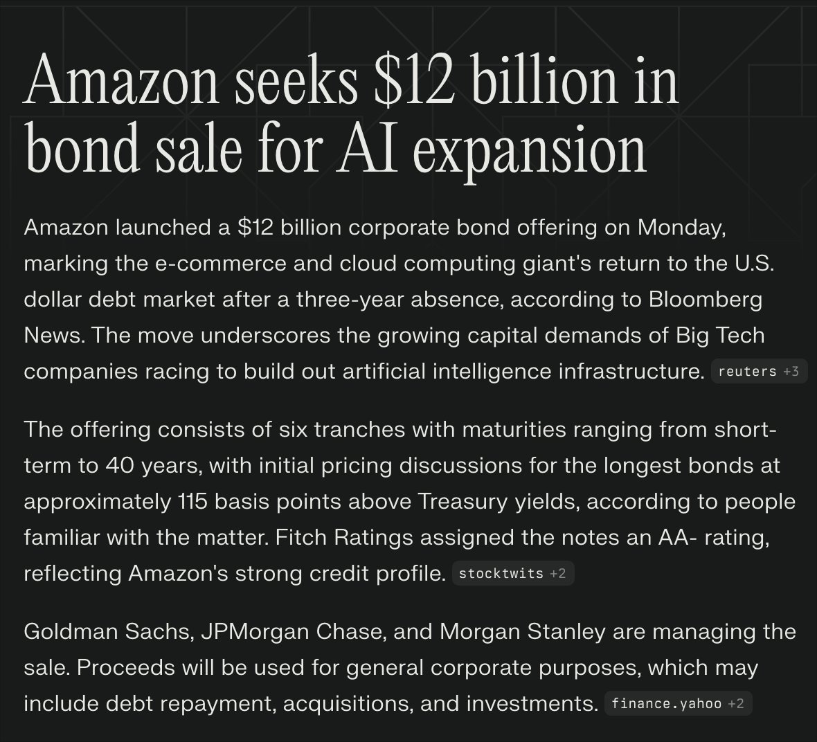 PPLXfinance's tweet image. BREAKING: $AMZN Raises $12B to Bankroll AI Infrastructure—First Bond Sale in 3 Years

Amazon is joining the biggest debt binge in tech history as companies race to build AI data centers before borrowing costs rise.

The Amazon Numbers:

• $125B projected capex for 2025 (up from…