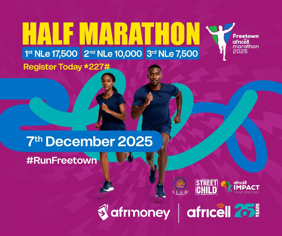 The Freetown Africell Marathon is back with a spectacular return for its Fourth Edition this 7th December, 2025🏃🏾‍♀️🏃🏾🤩.

Are you ready to run and become a Champion❓

Here are the incredible cash prizes💰awaiting the Top 3 male and female winners in each category👇🏾🥳. 

🏅 Half
