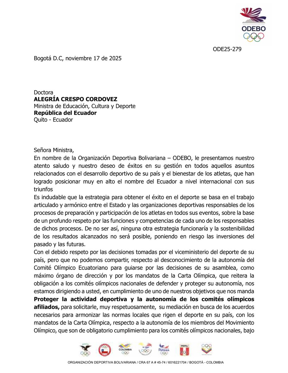 ECUADORolimpico's tweet photo. #URGENTE | Pronunciamiento de la Organización Deportiva Bolivariana @ODEBOprensa sobre la lamentable situación que enfrenta el COMITÉ OLÍMPICO ECUATORIANO y su respaldo. https://t.co/CJ6NNdph5p