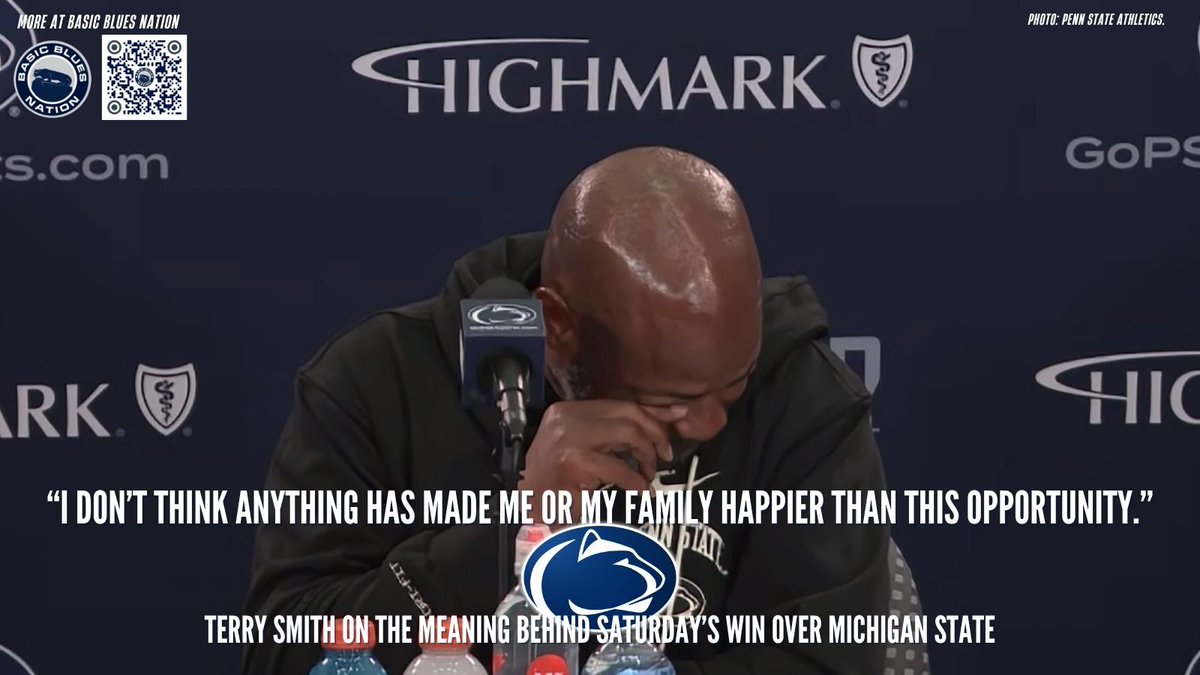 BasicBlues's tweet image. Fighting back tears, Terry Smith says that he has heard from &quot;basically every person I&apos;ve ever known in my entire life,&quot; following his first win as Penn State head coach:

&quot;People are super proud of me, and it&apos;s just very humbling sitting in this seat. There&apos;s so many people in…
