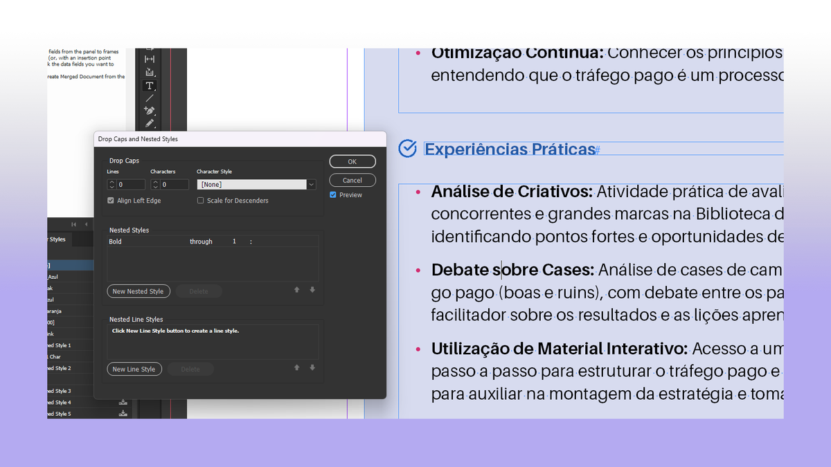edujbarbalho's tweet image. Estilos Aninhados (Nested Styles) são tipo “pré-formatação automática”.
Você manda: primeira frase em bold até os dois pontos, depois normal.
Serve para créditos, listas, fichas técnicas. Configura uma vez, aplica em centenas de parágrafos.