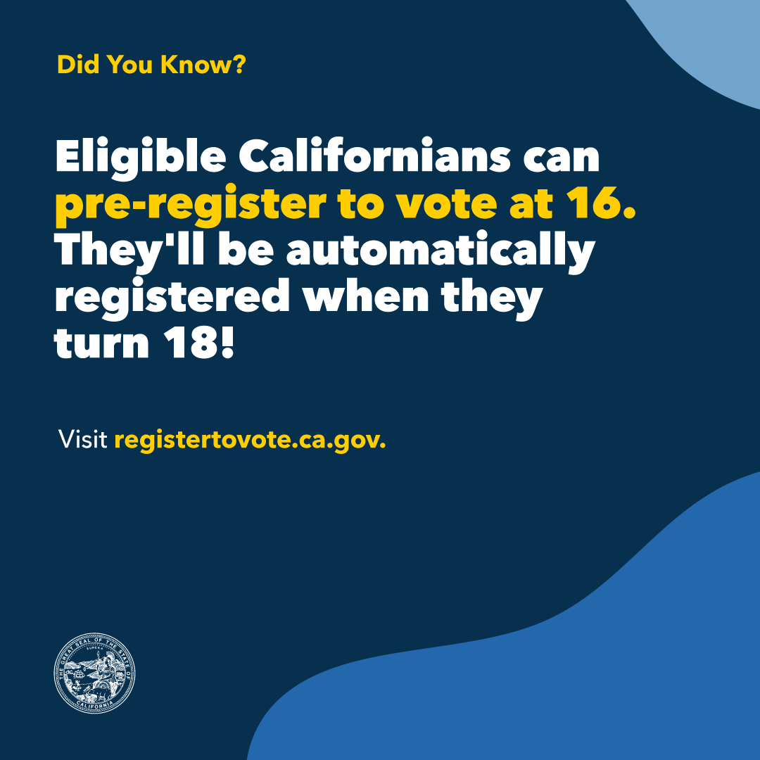 CASOSVote's tweet image. Did you know that eligible Californians can pre-register to vote at 16? 🤔 They&apos;ll be automatically registered when they turn 18! ✅

🔗 Get started here: registertovote.ca.gov.