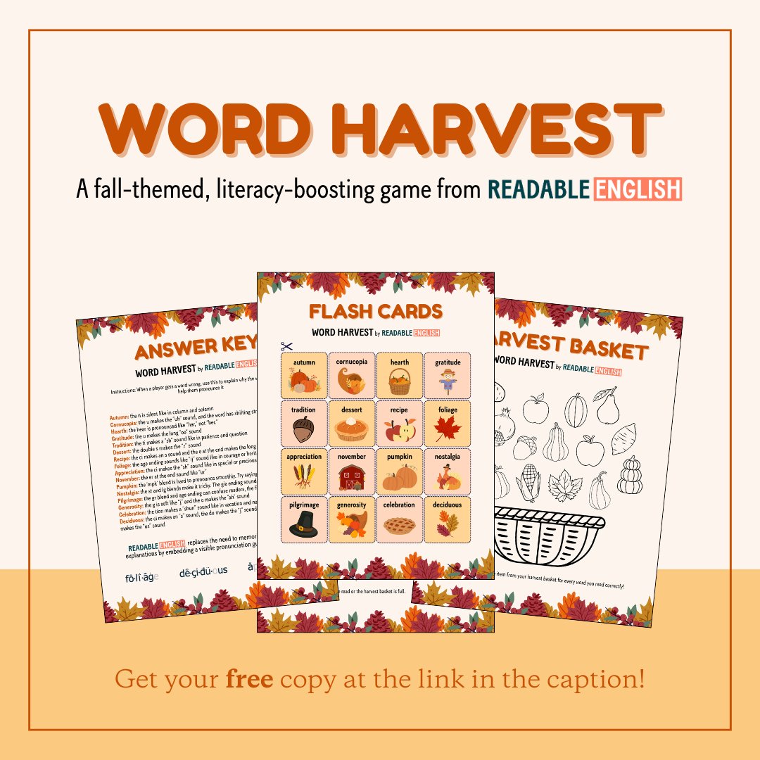 Readablenglish's tweet image. Fall fun meets phonics! 🍂
Grab our free Word Harvest printable - a literacy game where students decode tricky fall words, color in their baskets, and grow reading confidence one word at a time!

👉 Download free: hubs.la/Q03RK4Qw0

#FallLearning #ReadableEnglish