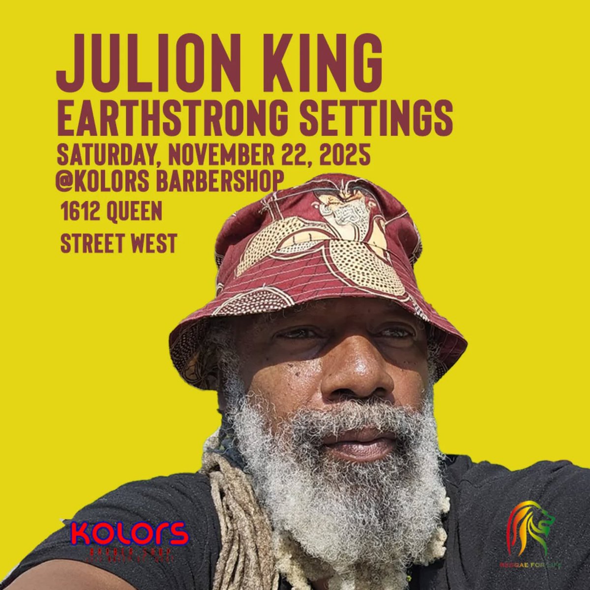 torontoreggae's tweet photo. Canadian Reggae World's Julion King Earthstrong Settings Saturday November 22!
@ Kolors Barbershop
1612 Queen Street West Toronto
#reggae #canada #toronto #reggaeforlife @JuLionKing https://t.co/RRP1UI8Vcc