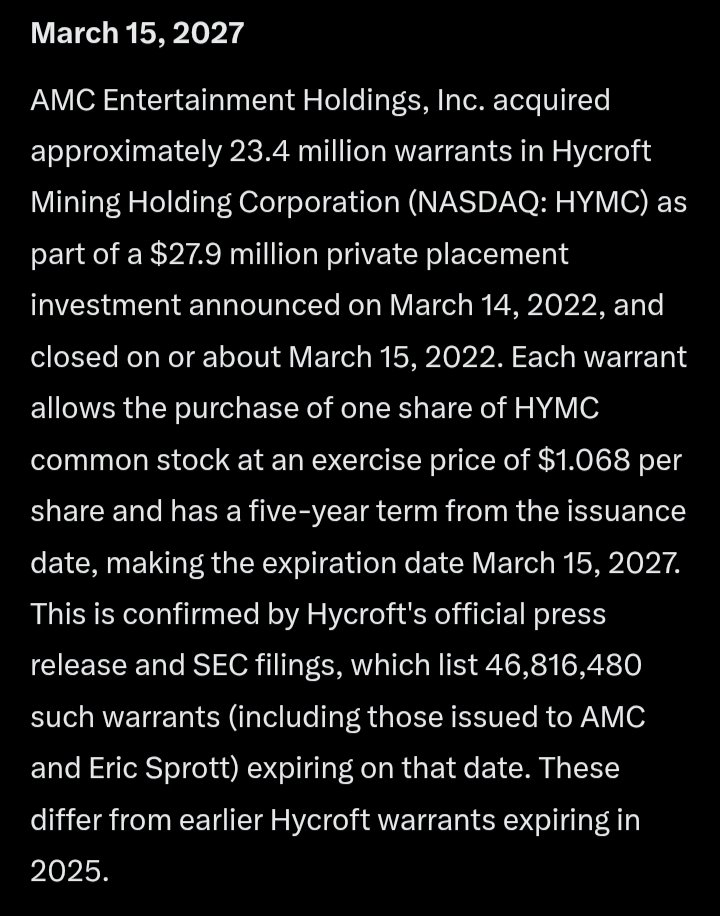 WARRANTS 🪙 =  Checkmate♟️🍿

"Each warrant allows the purchase of one share of HYMC common stock at an exercise price of $1.068 per share and has a five-year term from the issuance date, making the expiration date March 15, 2027"GROK

$AMC $HYMC