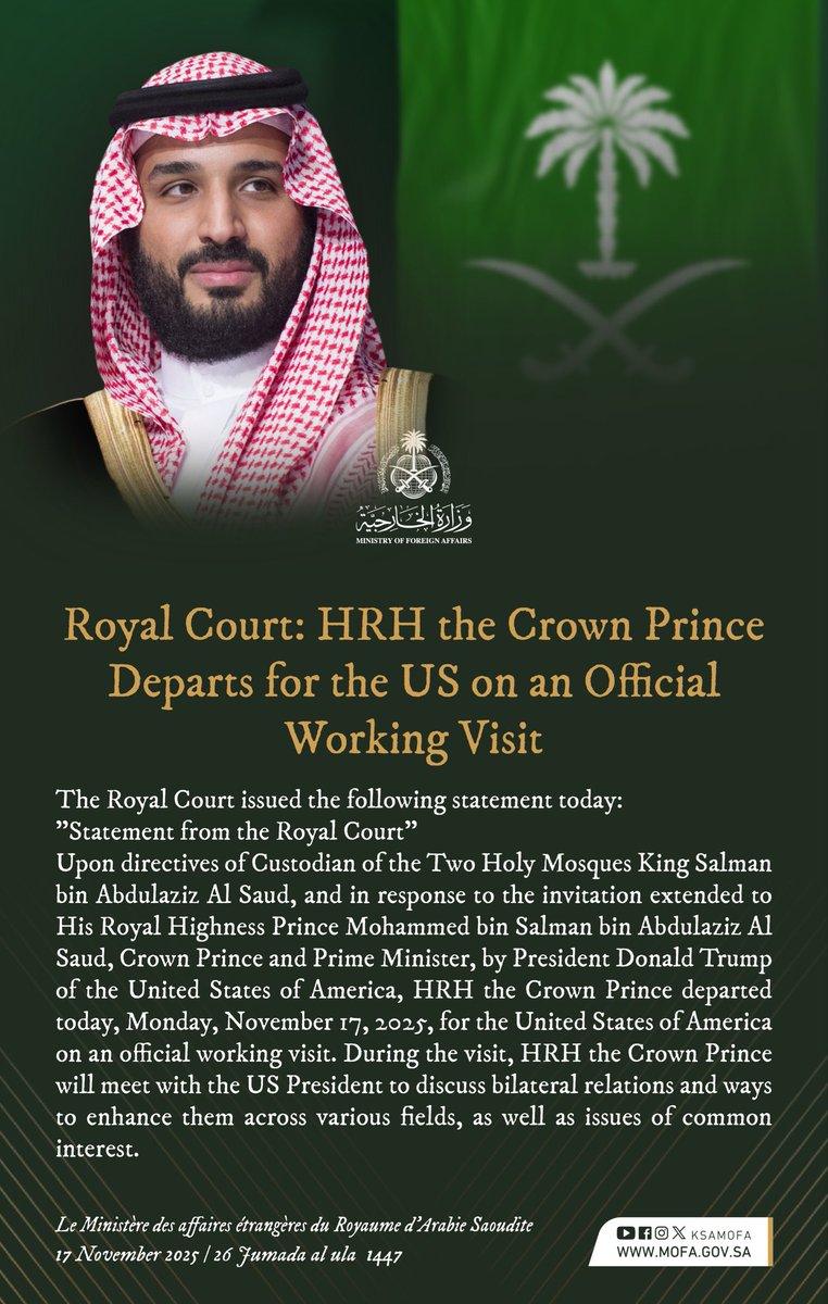 KSAmofaEN's tweet image. Royal Court: Upon directives of the Custodian of the Two Holy Mosques @KingSalman, and in response to the invitation extended to HRH Prince Mohammed bin Salman bin Abdulaziz Al Saud, Crown Prince and Prime Minister, by the US President, HRH the Crown Prince departed for the…