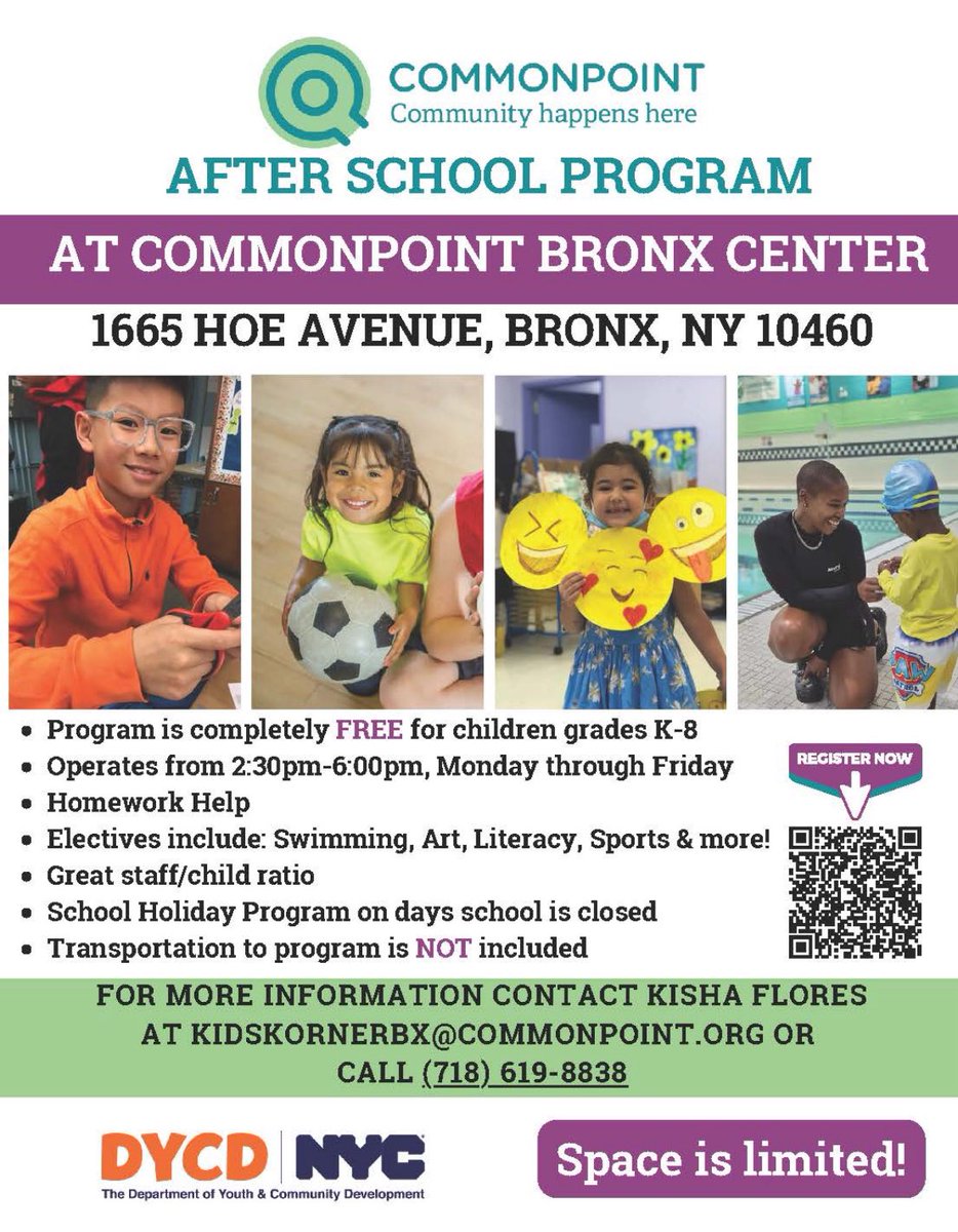 CMSalamancaJr's tweet image. Looking for after-school options for your child?

@Commonpoint_Qns has openings for students in grades K–5!

👉Kids can enjoy swimming lessons, time in the gym, and hands-on fun in the sound studio — a great way to keep them active, supported, and engaged after school.