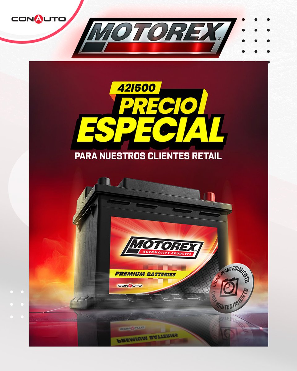ConautoEC's tweet image. La batería 42I500 Motorex tiene un precio especial exclusivo para clientes retail registrados en Conauto.
Más potencia, más beneficios. ⚡
¿Aún no eres cliente nuestro? Este es el momento.

#Motorex #Conauto #Baterías