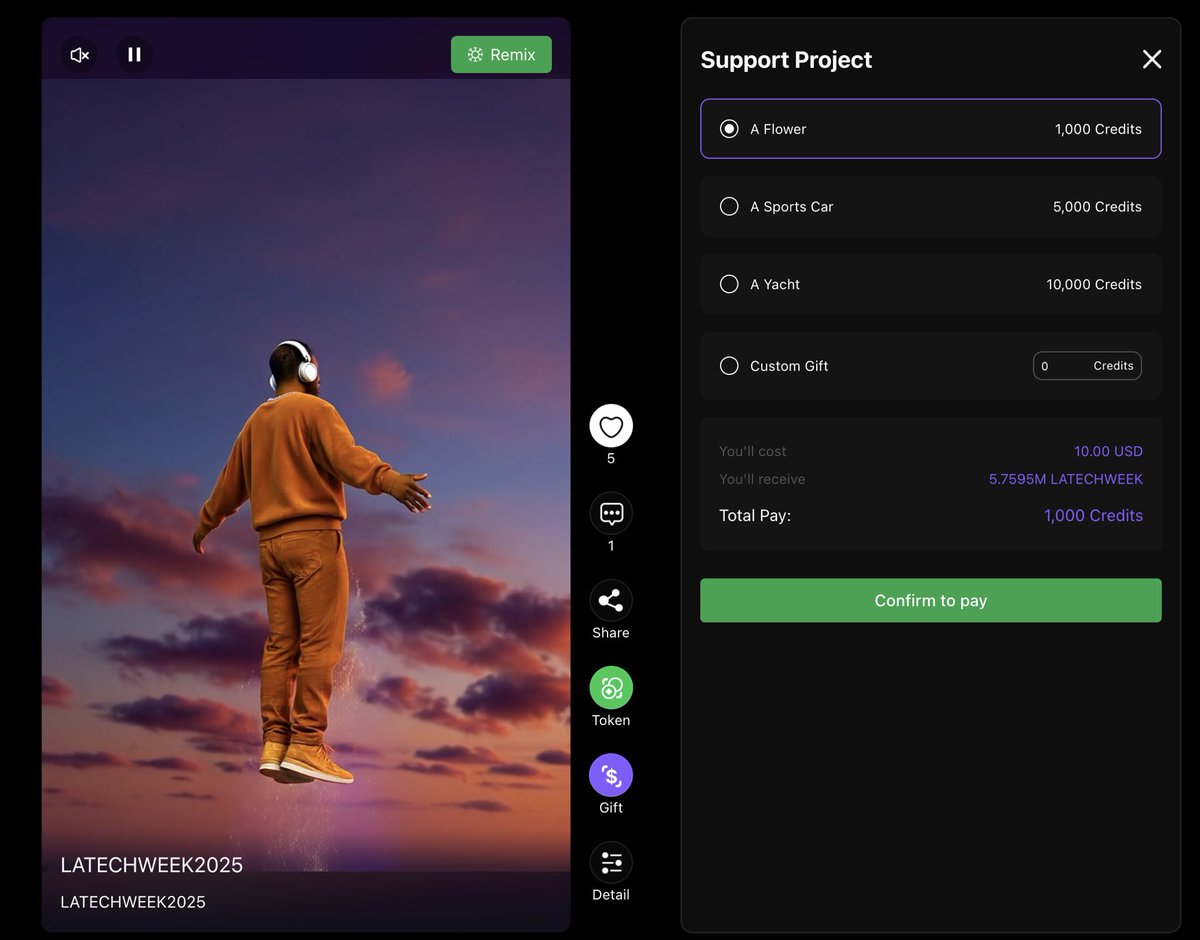 Now let’s talk about the gifting feature, where the UX really clicks.

On each project you’ll see a “Support Project” / Gift screen (Flower, Sports Car, Yacht, Custom Gift).

Behind the scenes:

Gifts are priced in credits (e.g.,1,000 credits ≈ $10)

Fans pay via Stripe or USDC