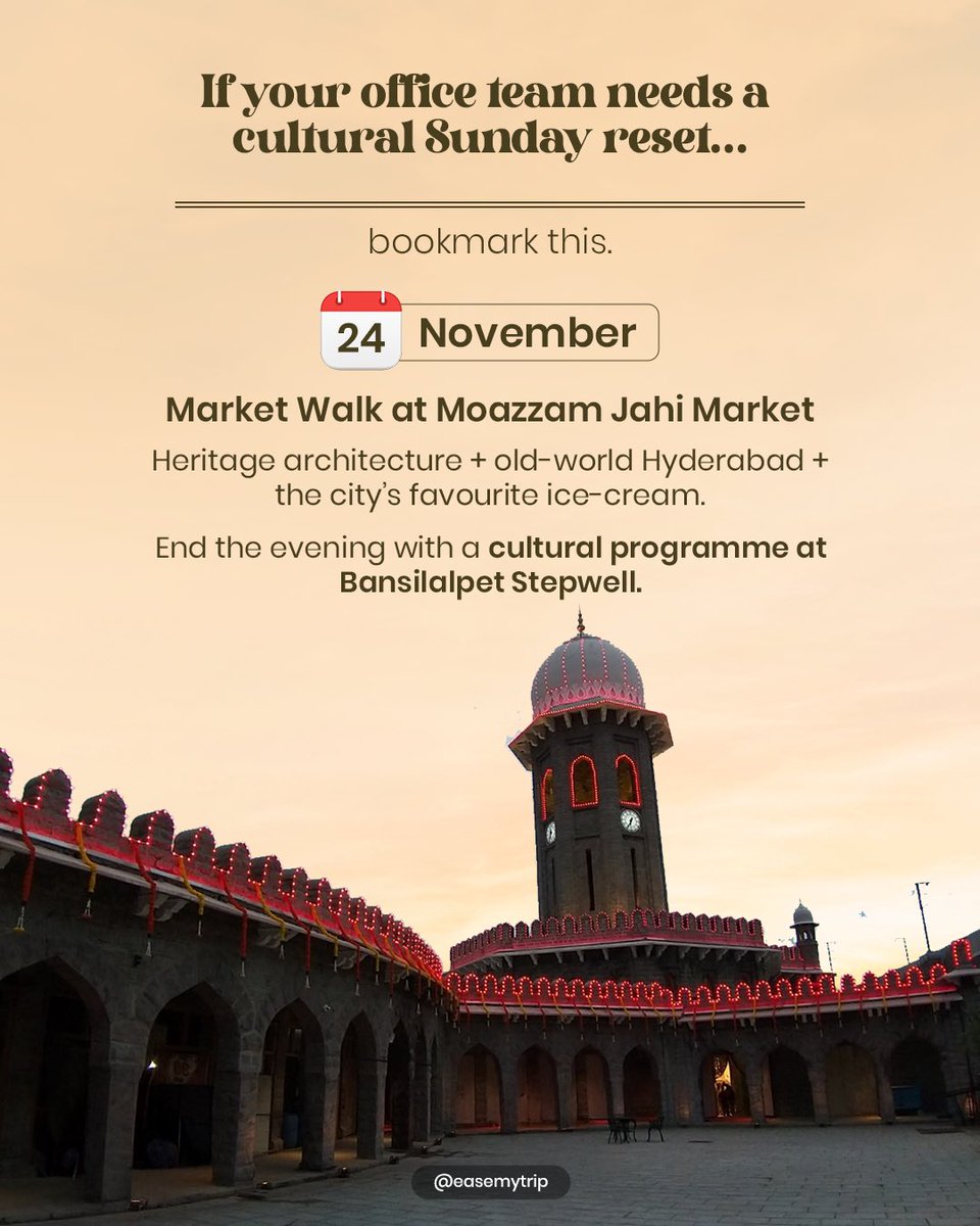 EaseMyTrip's tweet image. World Heritage Week is almost here!

Whether you’re a student, a creator, or a team looking for a cultural reset - this week will be your chance to see Hyderabad the way its history remembers it.

🗓️19-25 November 2025
show up for your heritage. It’s waiting for you.…