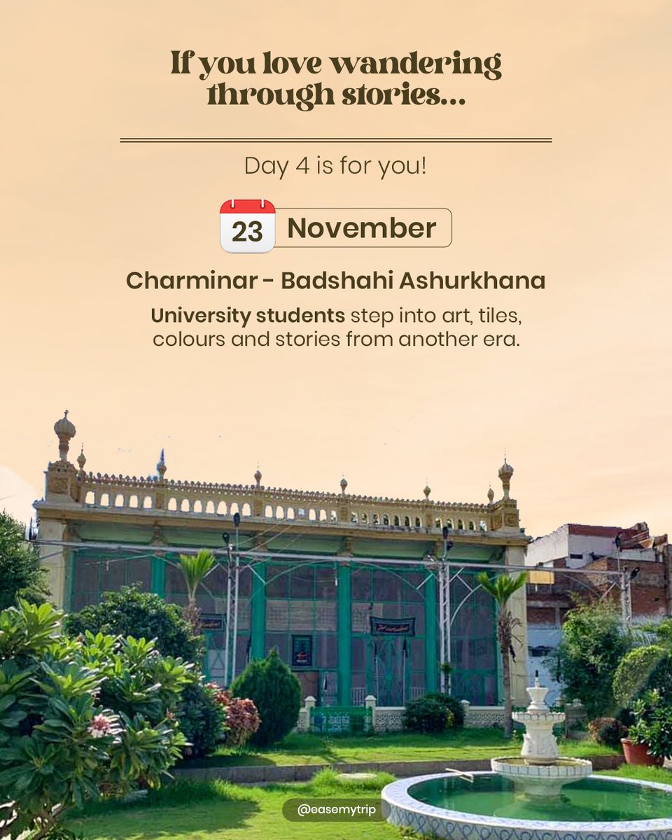 EaseMyTrip's tweet image. World Heritage Week is almost here!

Whether you’re a student, a creator, or a team looking for a cultural reset - this week will be your chance to see Hyderabad the way its history remembers it.

🗓️19-25 November 2025
show up for your heritage. It’s waiting for you.…