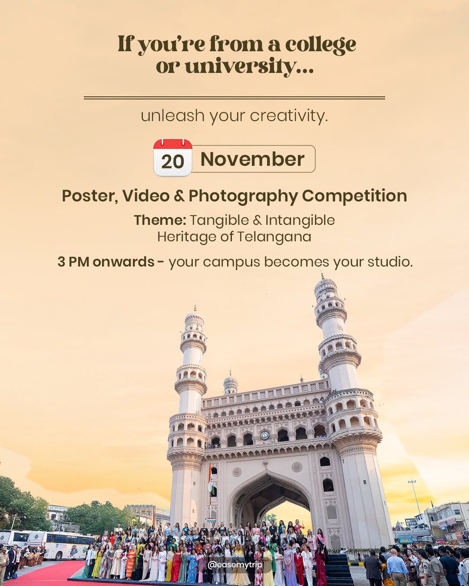 EaseMyTrip's tweet image. World Heritage Week is almost here!

Whether you’re a student, a creator, or a team looking for a cultural reset - this week will be your chance to see Hyderabad the way its history remembers it.

🗓️19-25 November 2025
show up for your heritage. It’s waiting for you.…