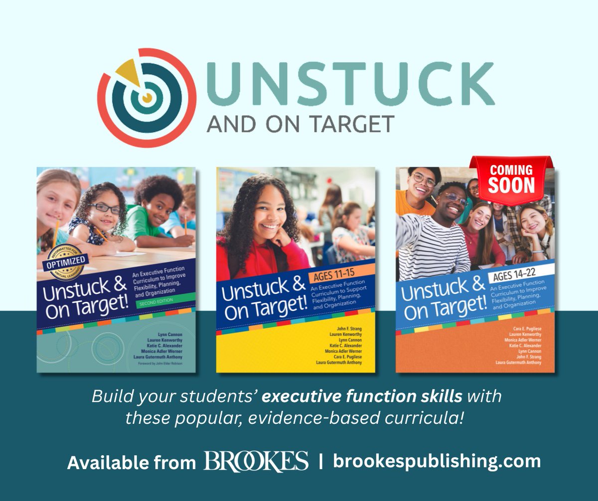 BrookesPubCo's tweet image. Strengthen students&apos; #ExecutiveFunction skills with Unstuck and On Target!, the bestselling curriculum trusted by educators everywhere. Explore the three versions of Unstuck—for ages 8-11, ages 11-15, &amp;amp; the upcoming NEW version for students ages 14-22: monkeylink.co/3fd6d9
