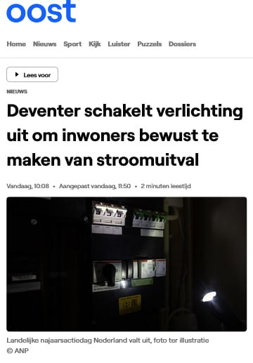 Symphony_res's tweet image. Deventer zet de verlichting uit om inwoners “bewust te maken van stroomuitval”.

Kortom: de energietransitie is zó succesvol dat we nu alvast oefenen voor het leven op windmolen-modus licht als het waait, donker als het niet waait.