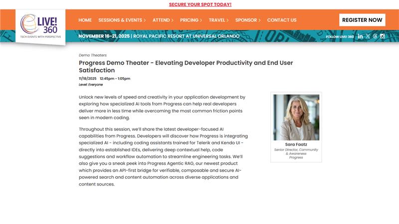 Telerik's tweet image. Want to unlock new levels of speed &amp;amp; creativity in your coding? 🚀 

Then join @sfaatz at #VSLive Orlando for a demo on the latest developer-focused AI capabilities from @ProgressSW! Plus, get a sneak peek into Progress Agentic RAG!

Catch her tomorrow at 12:45 pm ET:…