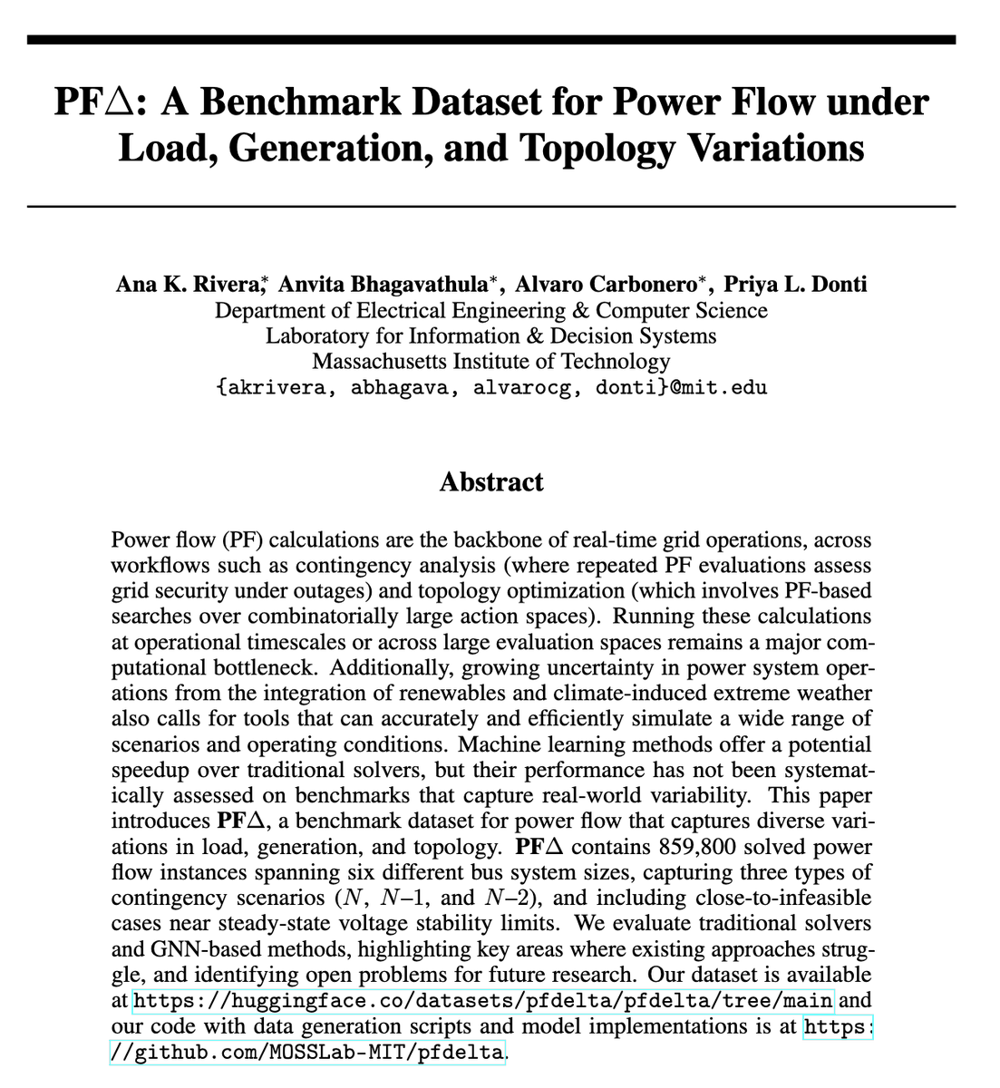 priyald17's tweet image. ⚡Excited to share our work &quot;PFΔ: A Benchmark Dataset for Power Flow under Load, Generation, &amp;amp; Topology Variations,&quot; to be presented as part of the #NeurIPS 2025 Datasets &amp;amp; Benchmarks Track

Led by my students Ana K. Rivera, Anvita Bhagavathula (@anvita_b_) &amp;amp; Alvaro Carbonero

1/