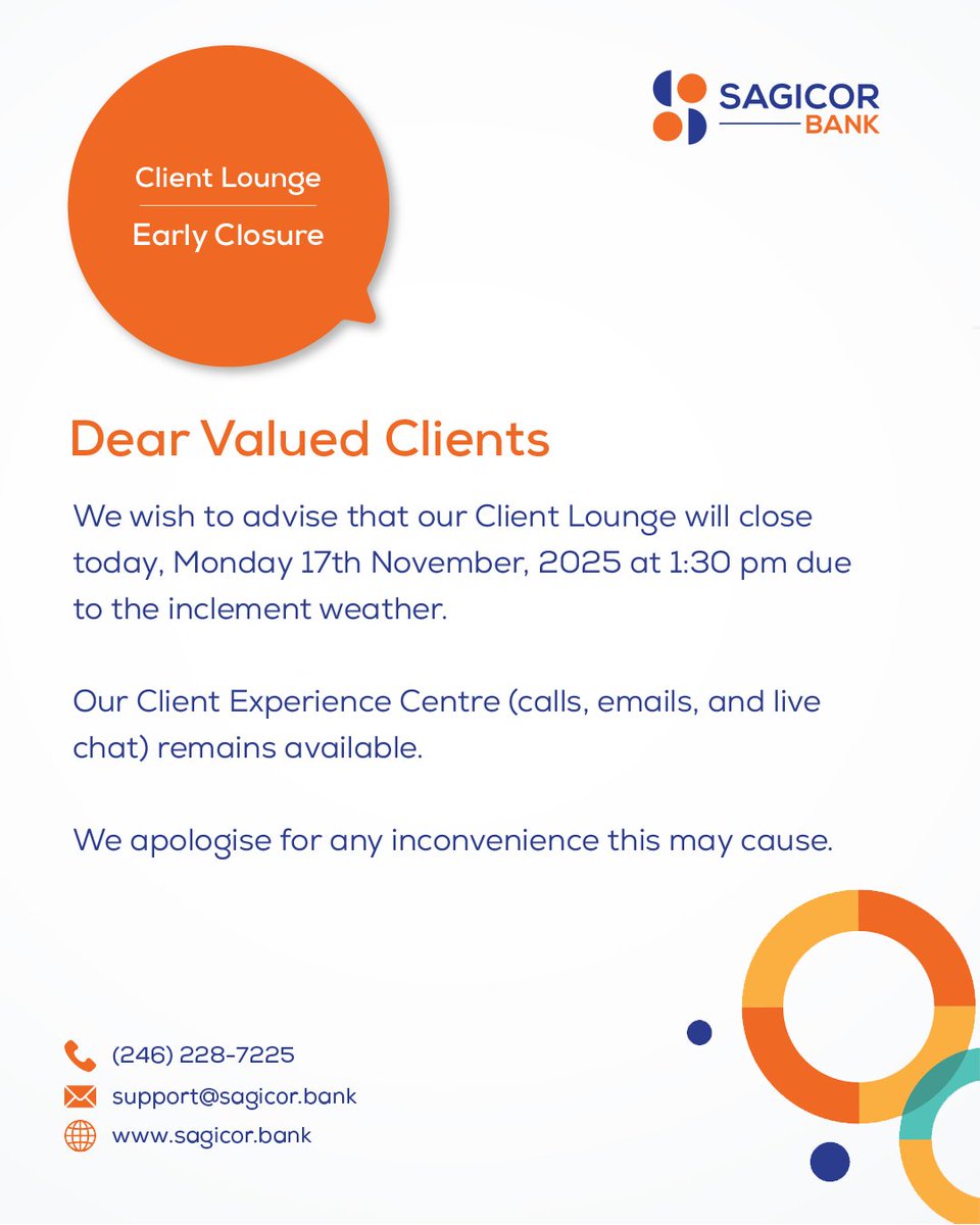 We wish to advise that our Client Lounge will close today, Monday 17th November, 2025 at 1:30 pm due to the inclement weather.

Our Client Experience Centre (calls, emails, and live chat) remains available.

We apologise for any inconvenience this may cause.