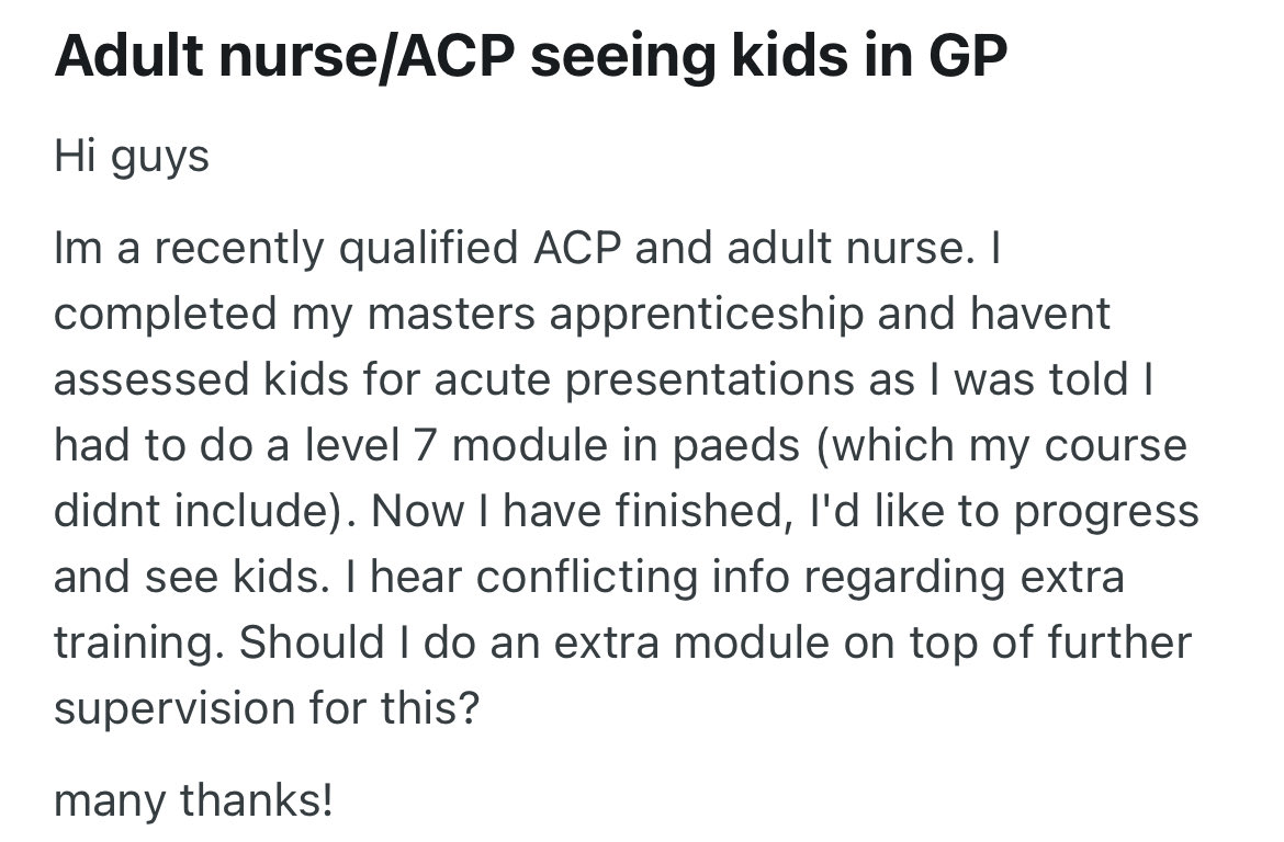 DrNeenaJha's tweet image. A nurse, who’s just completed a 2 yr part time ACP…. now wants to assess kids with acute conditions in GP independently 

She admits she has NO PAEDIATRIC TRAINING AT ALL!

And is asking whether she can manage acute kids in GP….by just doing an online module in paeds??!!