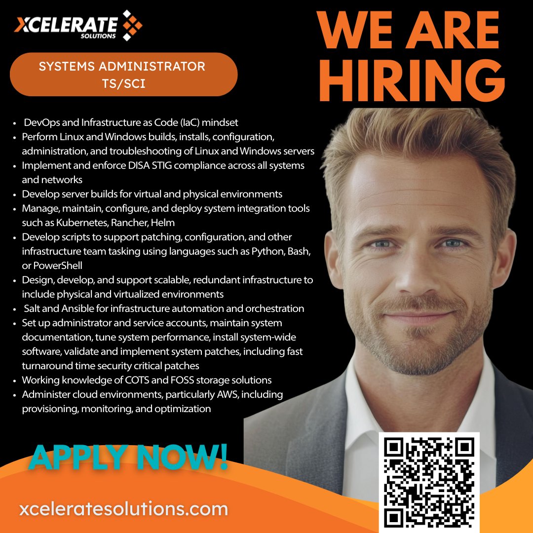 XLR8Solutions's tweet image. Xcelerate is hiring a Systems Administrator!  Apply now and join one of the fastest growing companies in the DC area.