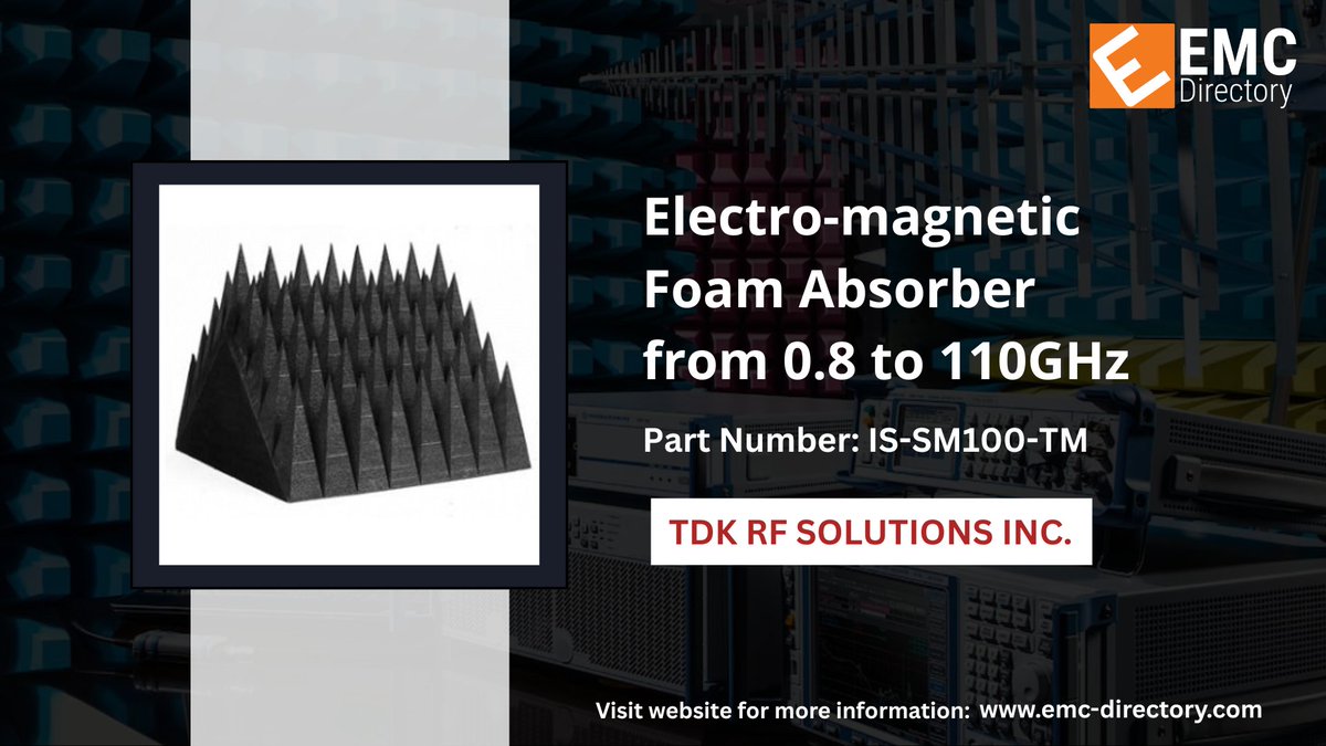 emcdirectory's tweet image. TDK RF Solutions’ IS-SM100-TM absorber delivers up to 55 dB absorption from 300 MHz to 110 GHz, built for oblique incidence and high-performance wireless testing.

Read more: ow.ly/JVPx50XsJlL

#emctesting #RFtesting #anechoicchamber #wireless #microwaveengineering