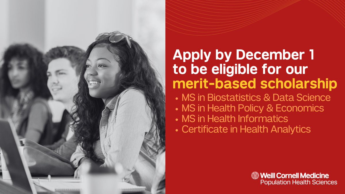WCMPopHealthSci's tweet image. Applications for our MS &amp;amp; certificate programs are due December 1! Discover how mentored research, hands-on training, &amp;amp; Ivy League academic rigor can set you apart. Merit-based scholarships are available! bit.ly/452XdOM  

#healthinformatics #healthpolicy #biostatistics