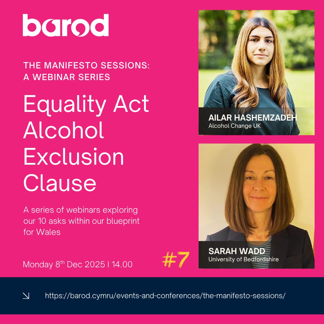 📺 New Webinar 📺

Don't miss our 7th instalment within our Manifesto Sessions Webinar Series,  focusing on alcohol and the Equality Act.  

'Equality Act Alcohol Exclusion Clause'

📅Mon 8th Dec
⏰14.00pm
👉Register here: events.teams.microsoft.com/event/a19c1e44…

#webinar #wales #stigma #alcohol