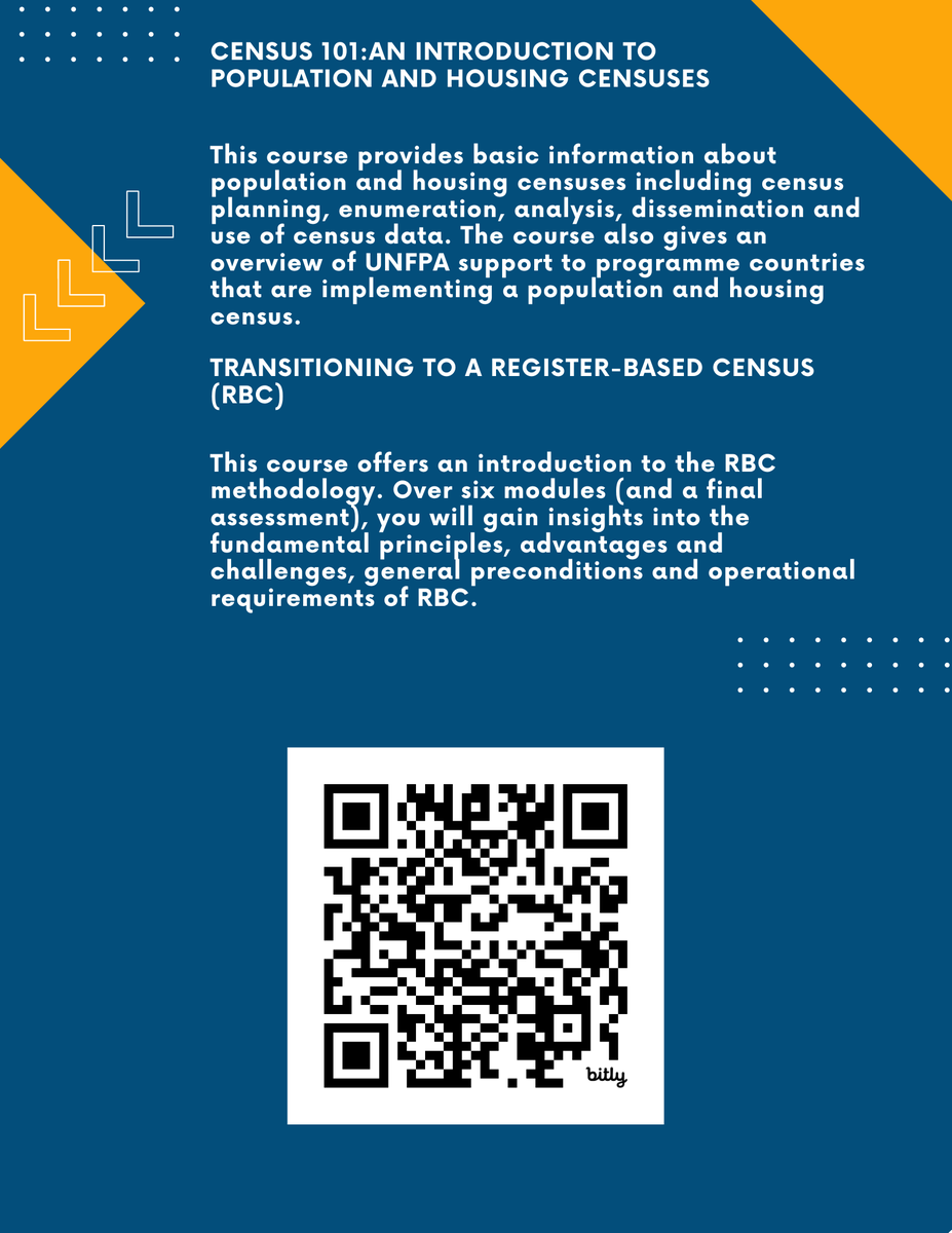 New #UNFPA's #Census courses!   
1⃣ Census 101: Learn the basics of population &amp; housing censuses: bit.ly/3A5JhGb

2⃣Transitioning to a Register-Based Census:  Dive into RBC methodology, principles &amp; requirements: bit.ly/3ys72I4   

More: bit.ly/3WPaKEy