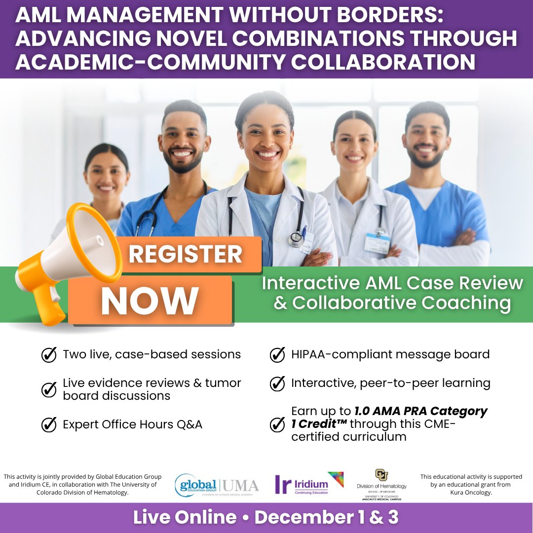 IridiumContEd's tweet image. Complimentary CME for AML clinicians → Dec 1 &amp;amp; 3 at 
Live case reviews • Evidence updates • Peer coaching
Earn up to 1.0 AMA PRA Category 1 Credit™
Register now: bit.ly/AML-borders
#AML #CME #HemeOnc #Leukemia