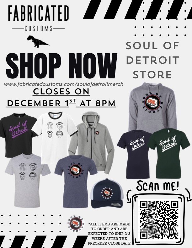 Don't sweat the line or wait for Amazon Prime -- the Soul of Detroit holiday pop-up shop is OPEN FOR BUSINESS! 
Just place your order before Dec. 1 at 8 pm and we'll get it to you in time for the holidays!
<a href="/marcfell/">Marc Fellhauer</a> <a href="/shawnwindsor/">Shawn Windsor</a> <a href="/NudgePrinting/">Nudge Printing</a> <a href="/ErikaEricksontv/">Erika Erickson</a> <a href="/DrewLaneShow/">The Drew Lane Show</a>