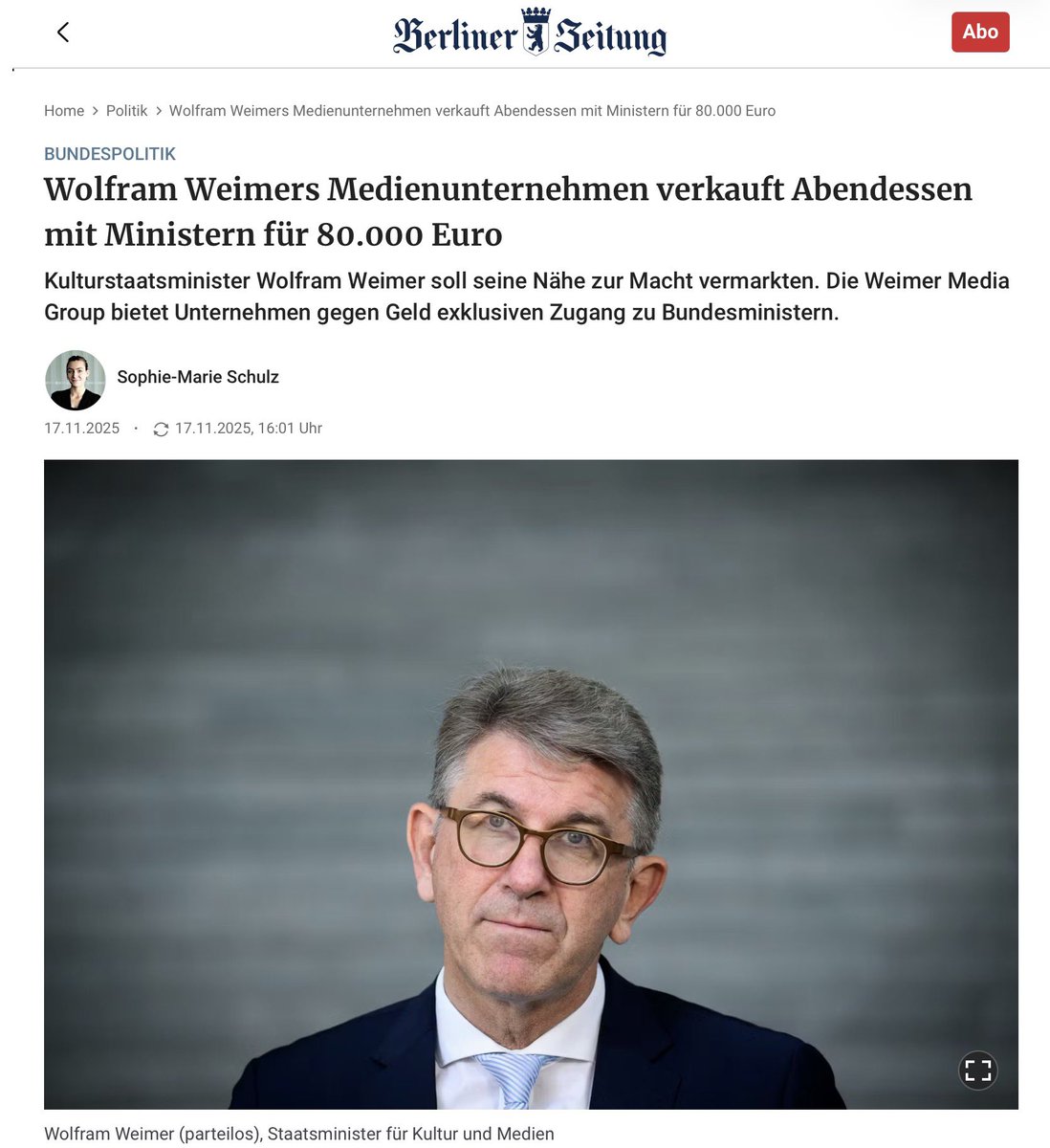 NurderK's tweet image. Einer der größten Skandale der Union kommt heute von Wolfram Weimers (@BundesKultur) Medienunternehmen, das Dinner mit Ministern für 80.000 Euro verkauft. Auf den Einladungen steht u. a.: „Einfluss auf die politischen Entscheidungsträger gewinnen“

Beim ÖRR derweil Grillenzirpen